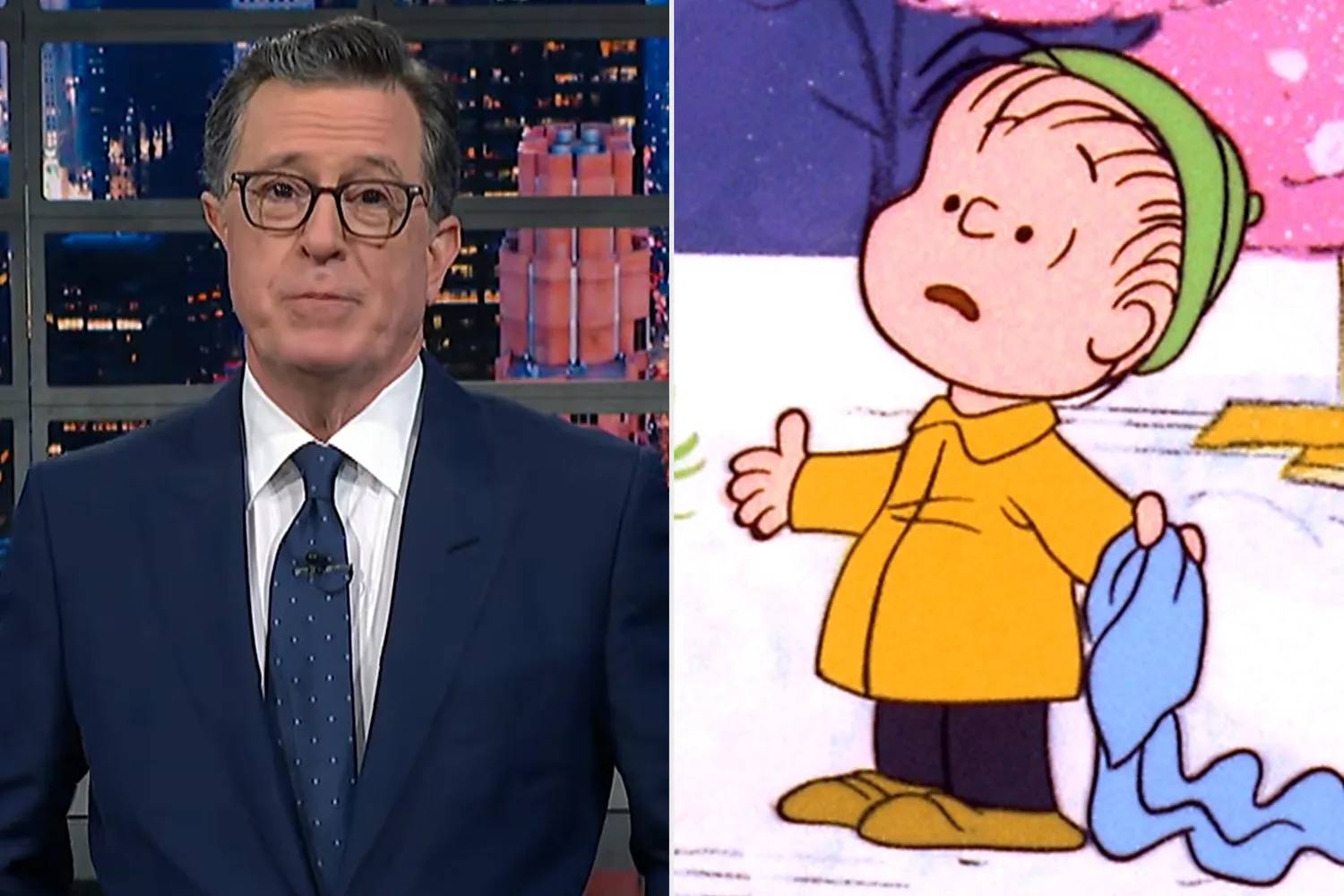 On the left: Stephen Colbert address the camera mid-monologue on the set of the Late Show. On the right, Linus from "Peanuts" in a snowy scene.