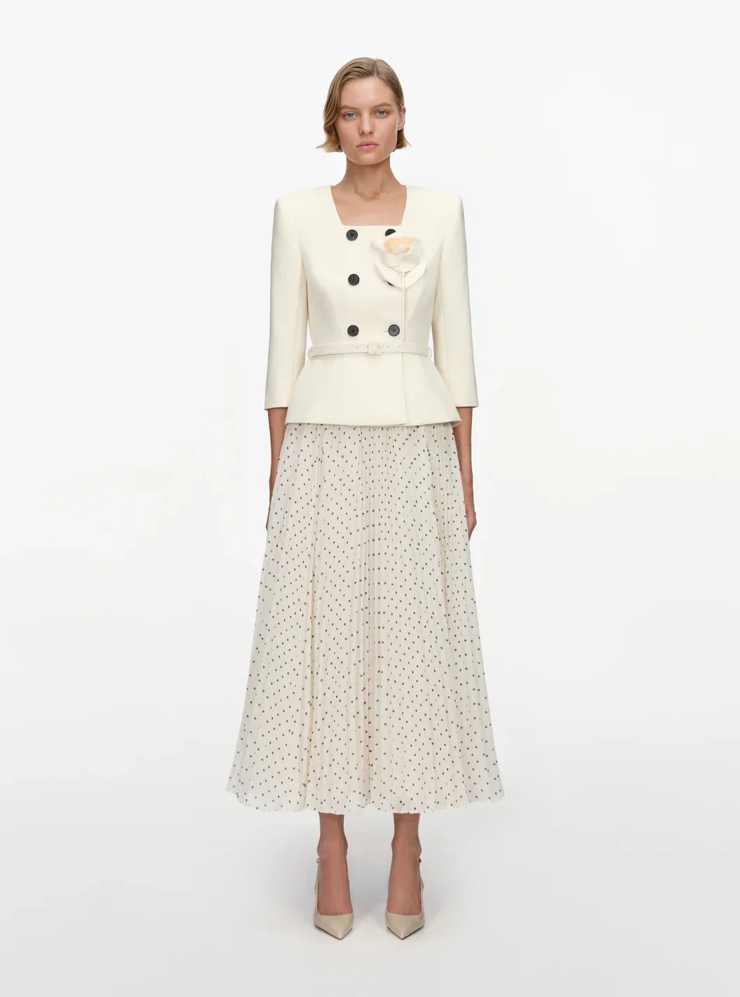 CREAM 3D FLOWER POLKA DOT CHIFFON MIDI DRESS