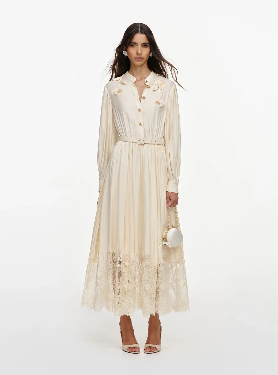 YELLOW VISCOSE LACE PLEATED MIDI DRESS