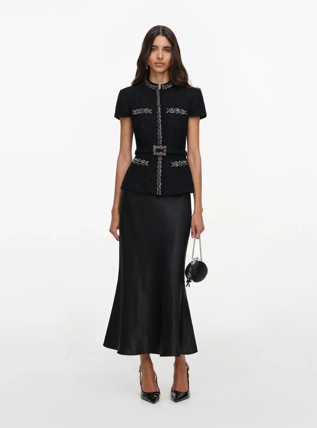 BLACK BOUCLE CRYSTAL TRIM SATIN MIDI DRESS