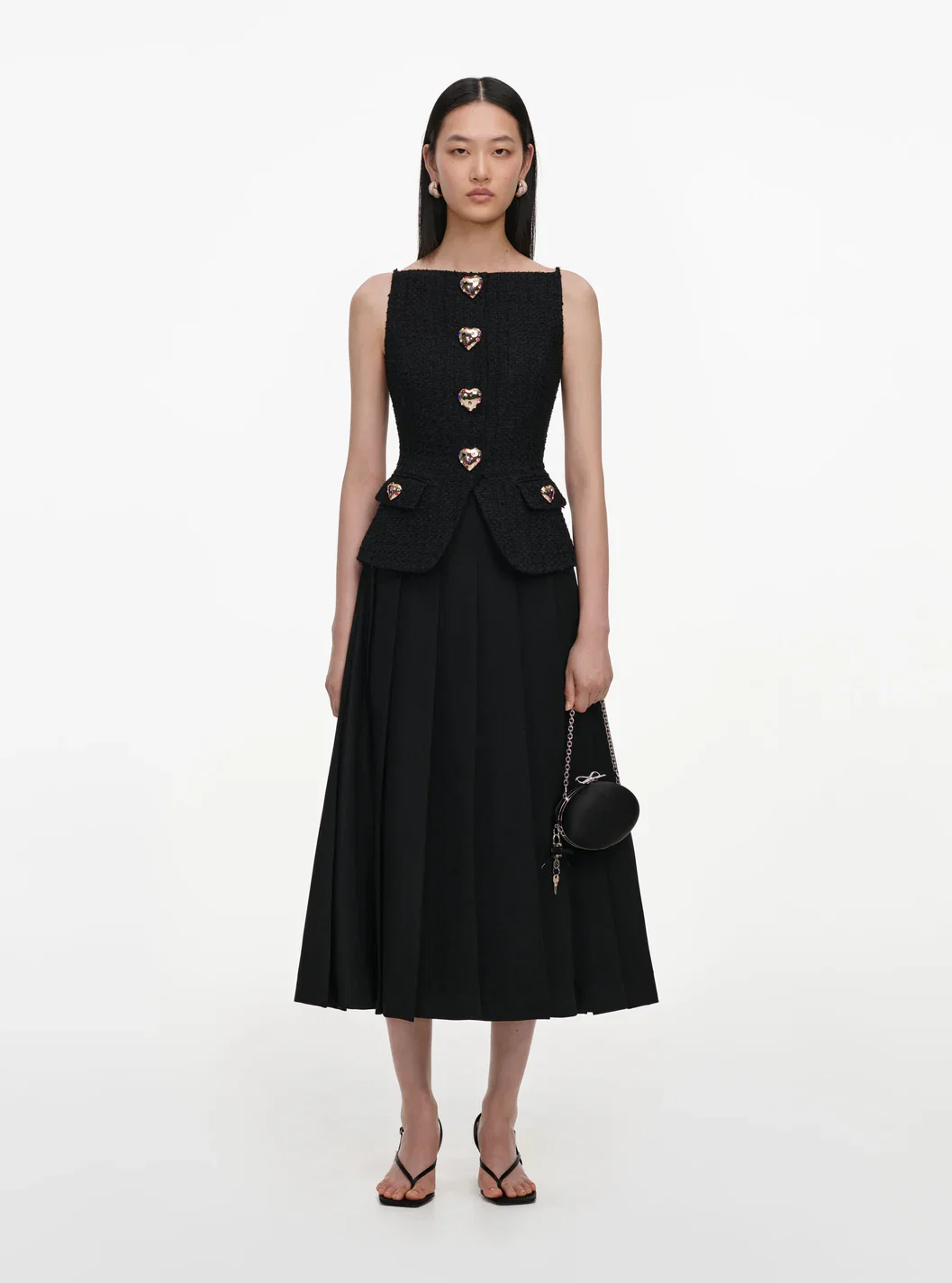 BLACK BOUCLE CREPE MIDI DRESS