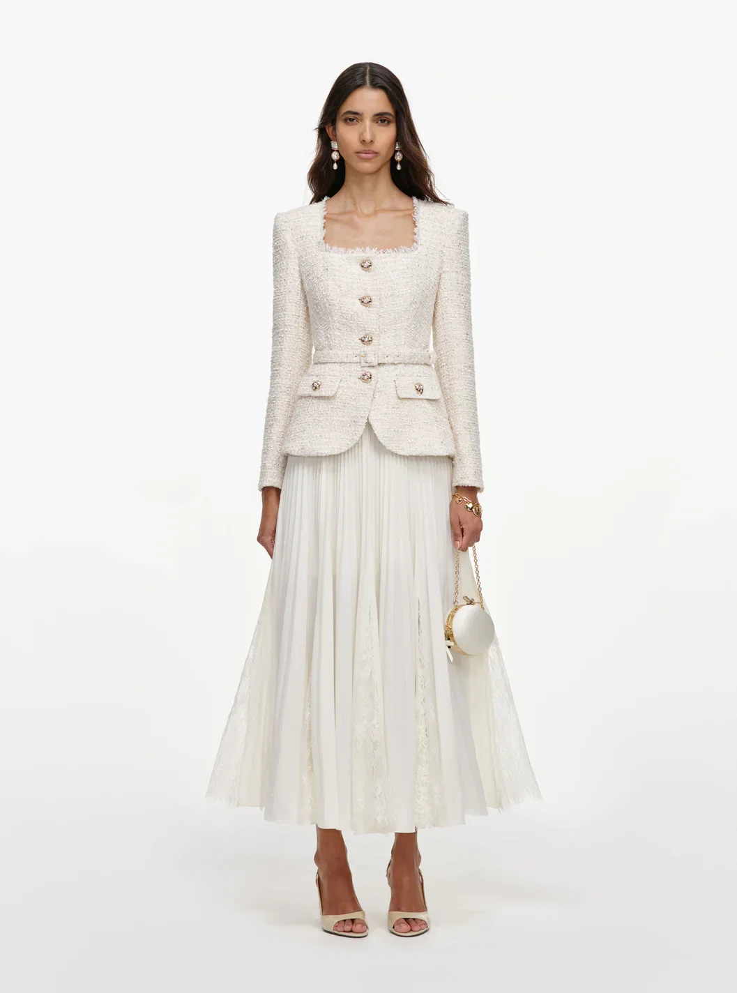 CREAM TAILORED BOUCLE AND CHIFFON MIDI DRESS