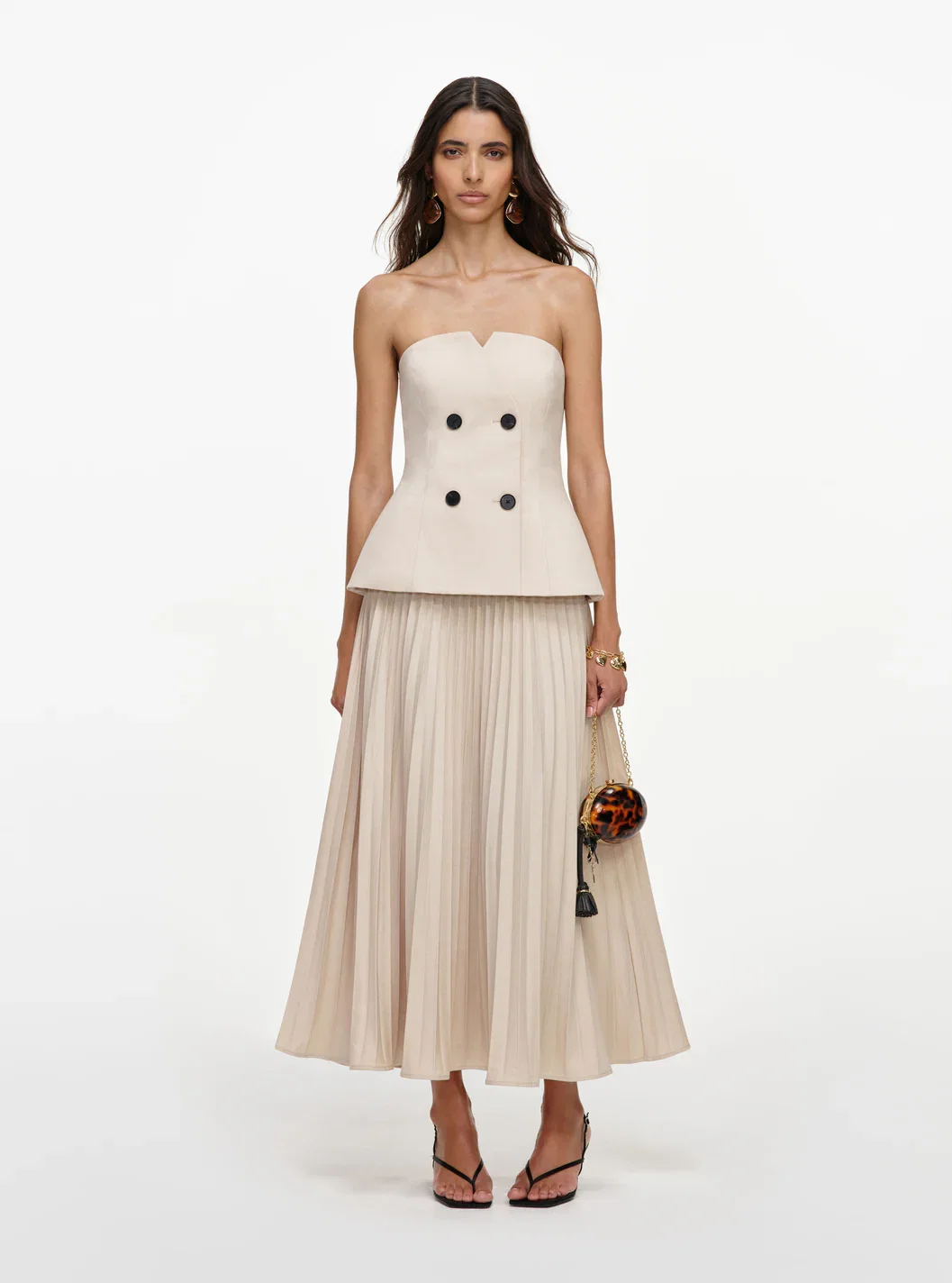 BEIGE BANDEAU PLEATED MIDI DRESS