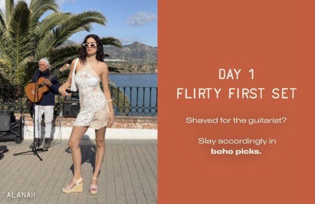 Split image. On the left, a woman stands outdoors wearing sunglasses, a white dress, and "ALANAH" platform sandals, while a man plays an acoustic guitar behind her. On the right, a solid orange block features white text reading: "DAY 1 FLIRTY FIRST SET. Shaved for the guitarist? Slay accordingly in boho picks."