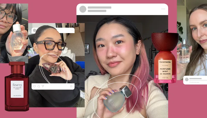 A collage of Allure editors holding their favorite affordable perfumes on a pink background