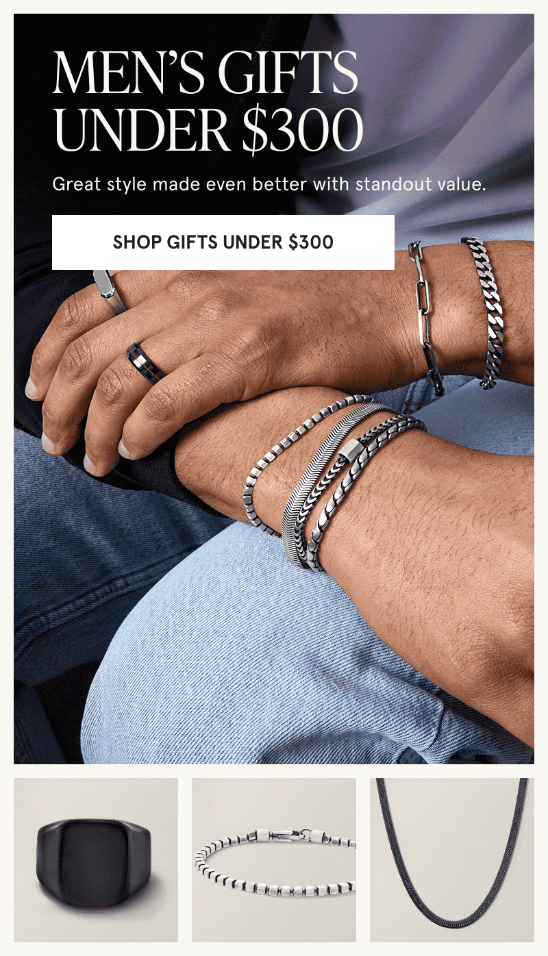 A model wearing white and black metal jewelry and close ups of jewelry. Standout value. Click here to shop gifts under $300