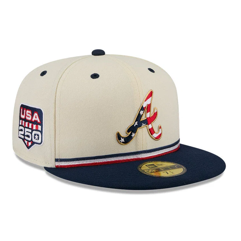 Image of New Era 59Fifty 2026 MLB 4th of July Atlanta Braves 250th Anniversary Patch Hat - White, Navy