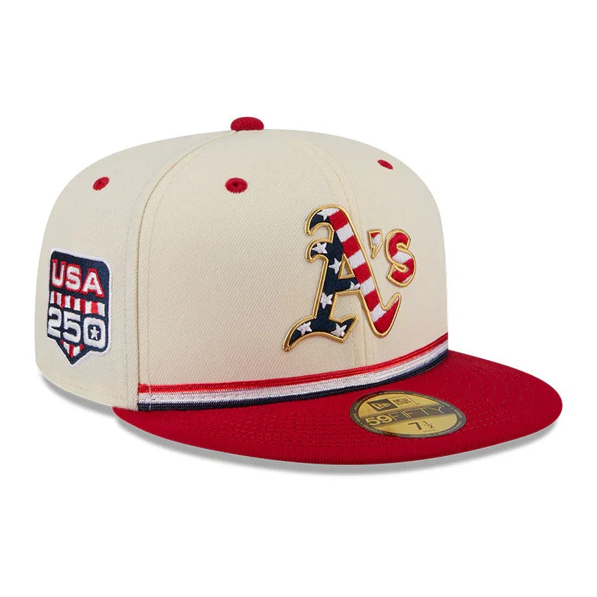 Image of New Era 59Fifty 2026 MLB 4th of July Oakland Athletics 250th Anniversary Patch Hat - White, Red