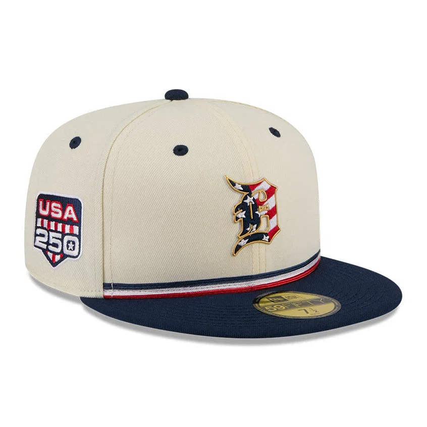 Image of New Era 59Fifty 2026 MLB 4th of July Detroit Tigers 250th Anniversary Patch Hat - White, Navy