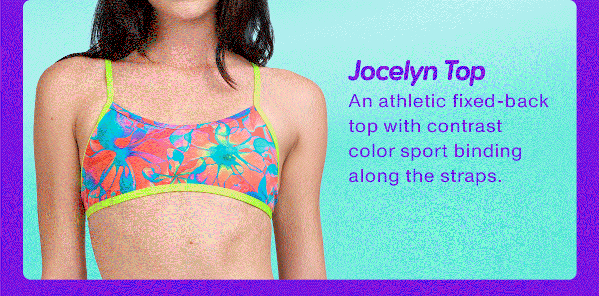 Jocelyn Top - An athletic fixed-back top with contrast color sport binding along the straps.