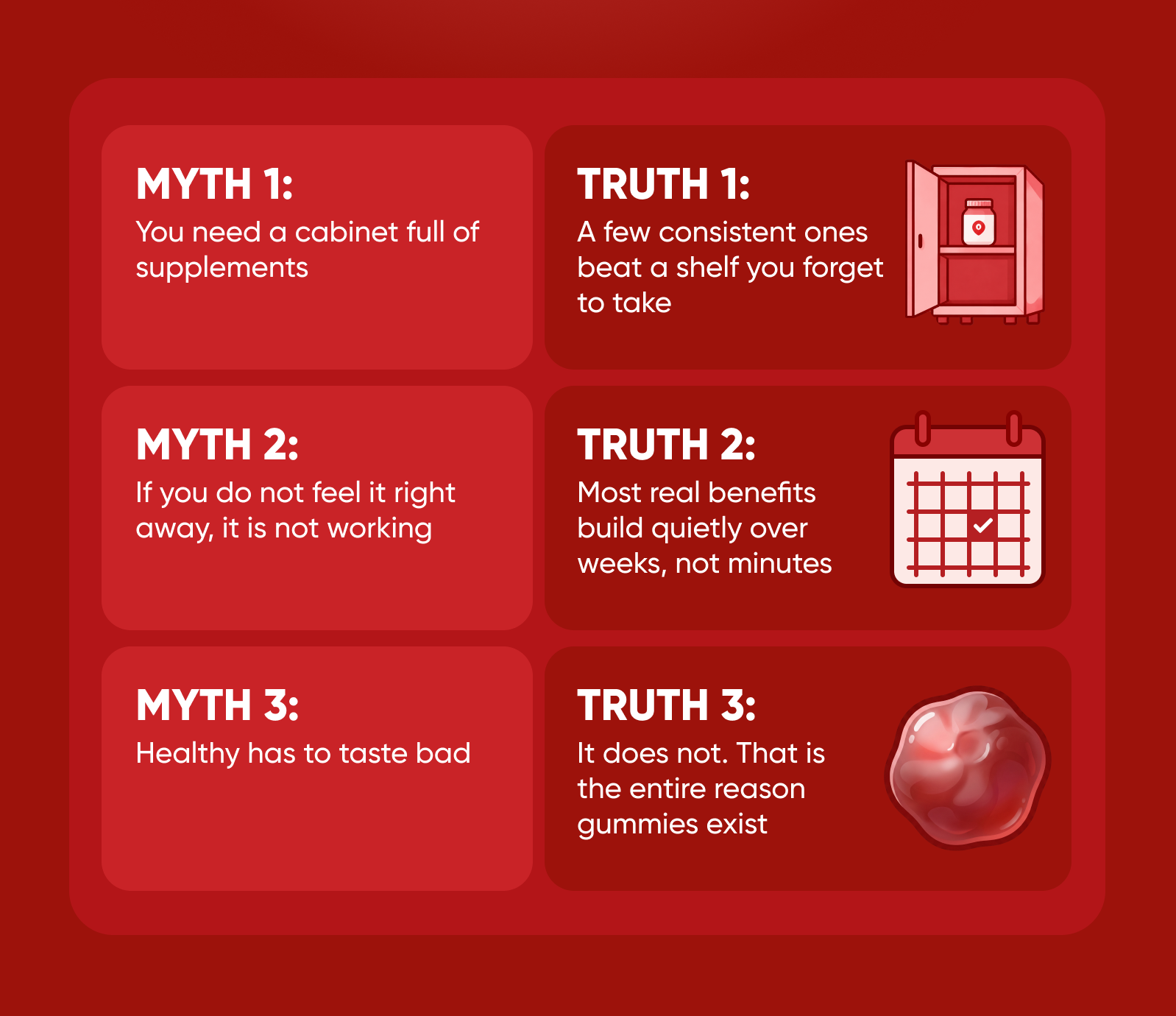 MYTH 1: You need a cabinet full of supplements. TRUTH: A few consistent ones beat a shelf you forget to take.  MYTH 2: If you do not feel it right away, it is not working. TRUTH: Most real benefits build quietly over weeks, not minutes.  MYTH 3: Healthy has to taste bad. TRUTH: It does not. That is the entire reason gummies exist.