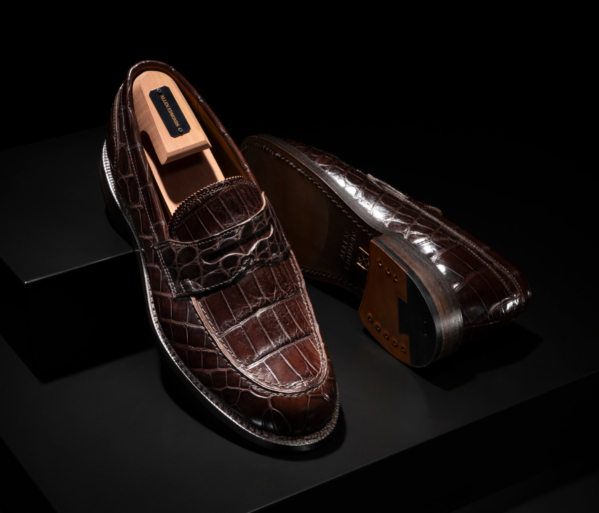 Multiple angles of the Miller Reserve Penny Loafer in dark brown genuine crocodile. Click here to shop now.