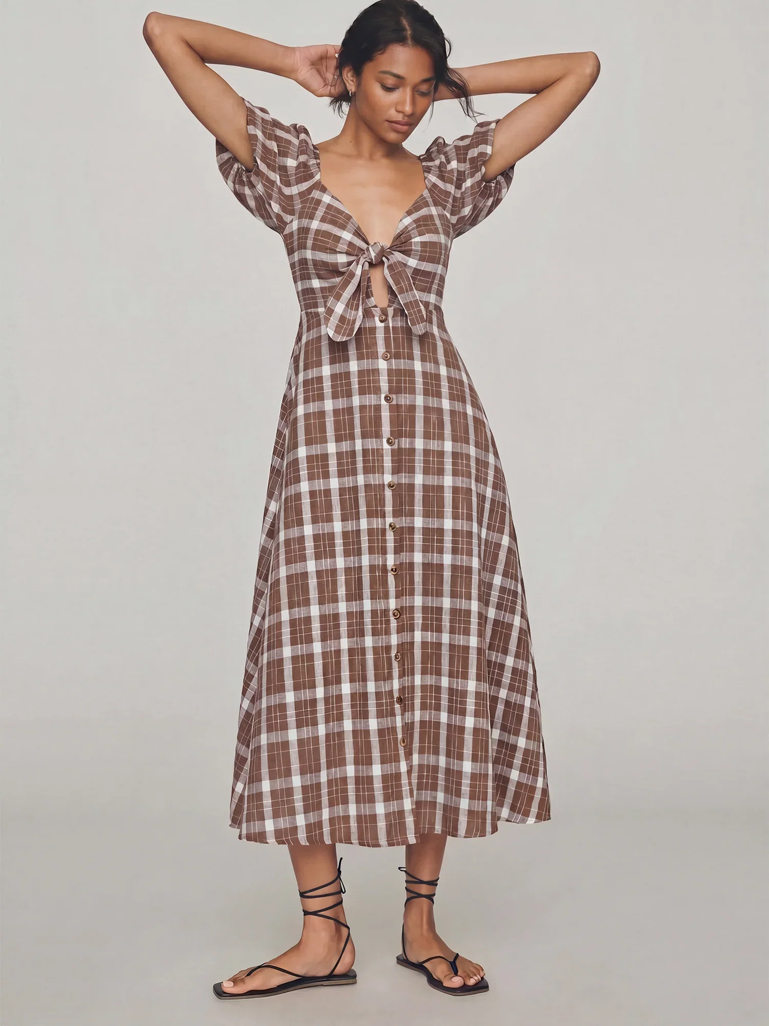 Image of Plaid A-Line Midi Sundress With Front Tie