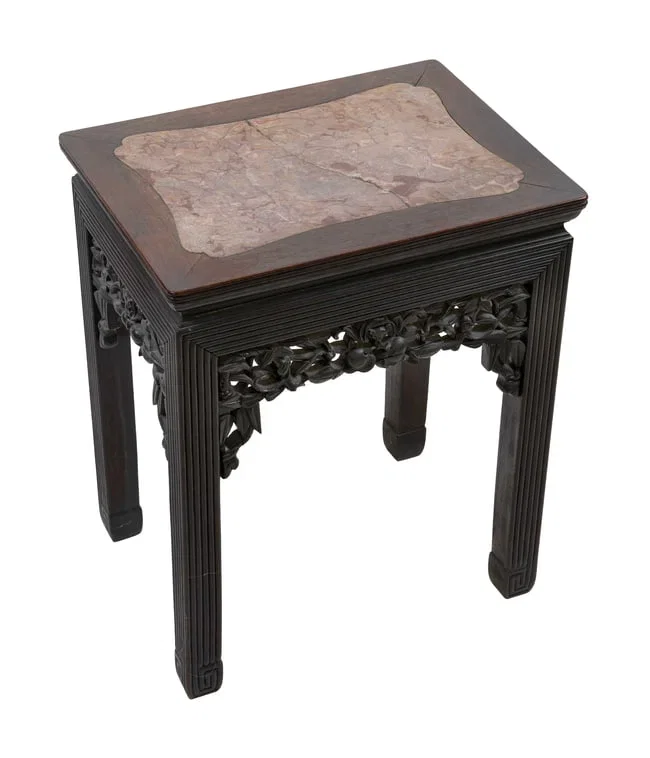 CHINESE CARVED WOOD TABORET WITH ROUGE MARBLE TOP Late 19th Century Height 21