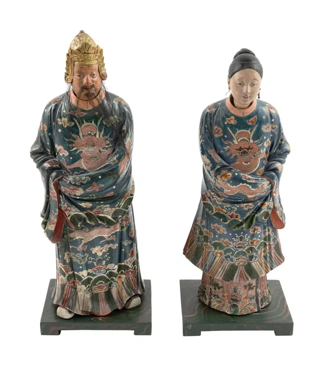 PAIR OF CHINESE EXPORT PAINTED POTTERY NODDING HEAD FIGURES (
