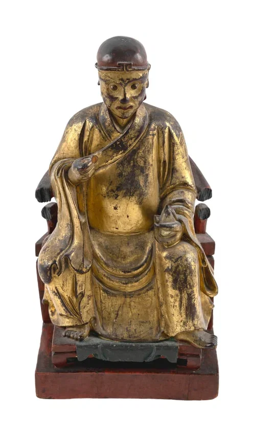 CHINESE CARVED AND LACQUERED GILTWOOD LOHAN 19th Century Height 14