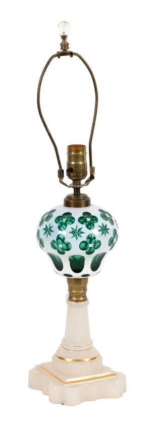 BOSTON AND SANDWICH GLASS COMPANY CUT OVERLAY GLASS LAMP Sandwich, Massachusetts, Mid-19th Century
