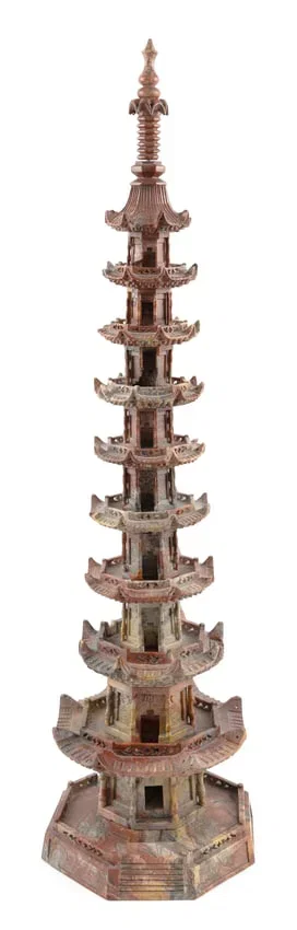 CHINESE CARVED VARIEGATED RED SOAPSTONE MODEL OF THE NINE-STAGE PAGODA AT WHAMPOA ANCHORAGE Early
