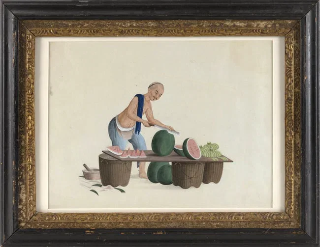 ATTRIBUTED TO PUQUA (China, Circa 1800-1820), A man cutting watermelon., Watercolor on paper, 9