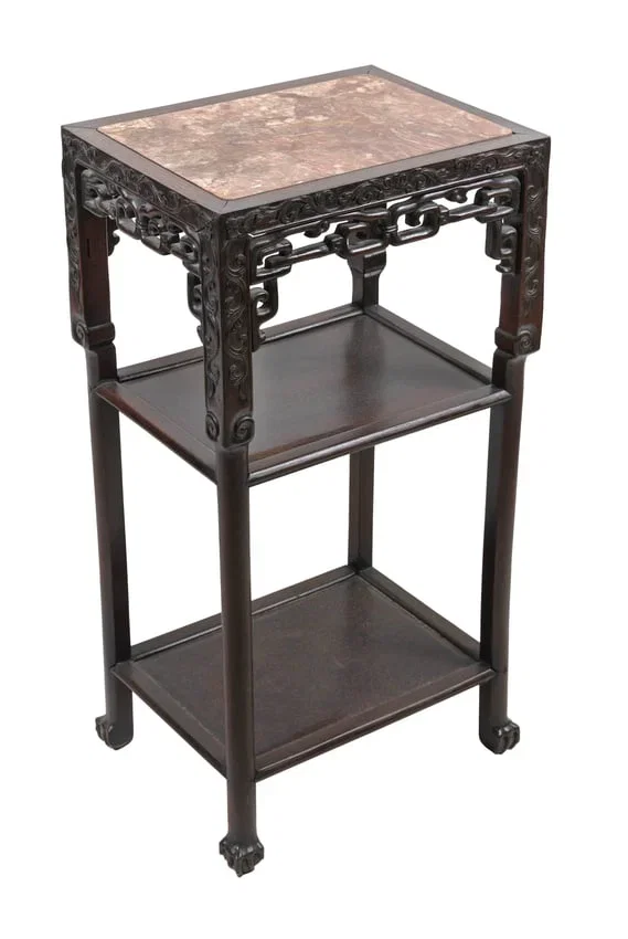 CHINESE CARVED WOOD STAND WITH ROUGE MARBLE TOP 19th Century Height 32