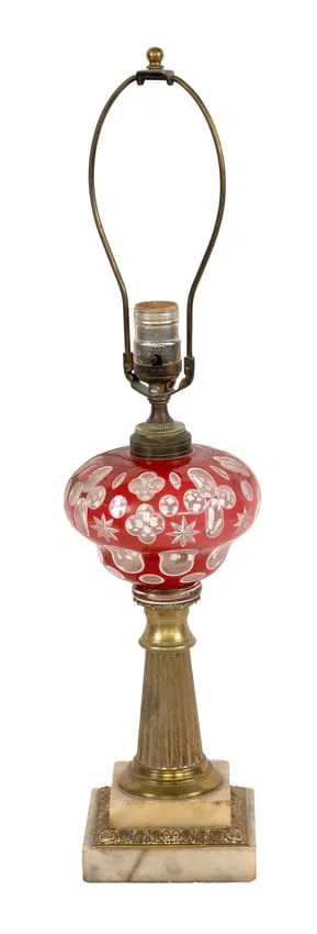 BOSTON AND SANDWICH GLASS COMPANY TRIPLE CUT OVERLAY GLASS LAMP Sandwich, Massachusetts, Mid-19th