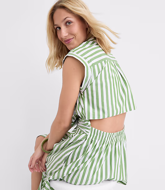 Striped Poplin Cutout Back Midi Pocket Dress