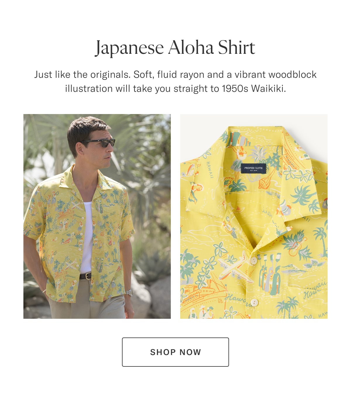Japanese Aloha Shirt: Just like the originals. Soft, fluid rayon and a vibrant woodblock illustration will take you straight to 1950s Waikiki.