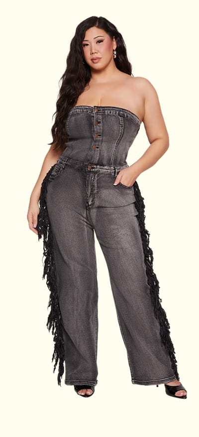 Shop Plus Size Side Fringe Strapless Denim Jumpsuit