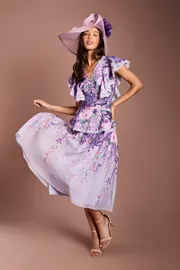 Lisa Tan V Neck Ruffle Shoulder Midi Dress