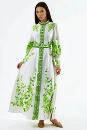 Floral Long Sleeve Belted Maxi Dress with Mandarin Collar