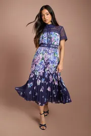 Petite Lisa Tan Lace Pleated Printed Midi Dress