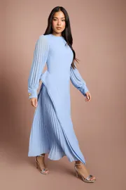 Petite Long Sleeve Pleated Crepe Midaxi Dress