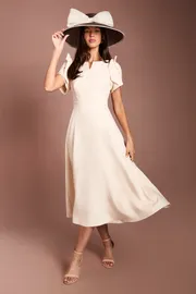Lisa Tan Bow Shoulder Crepe Full Skirt Midi Dress