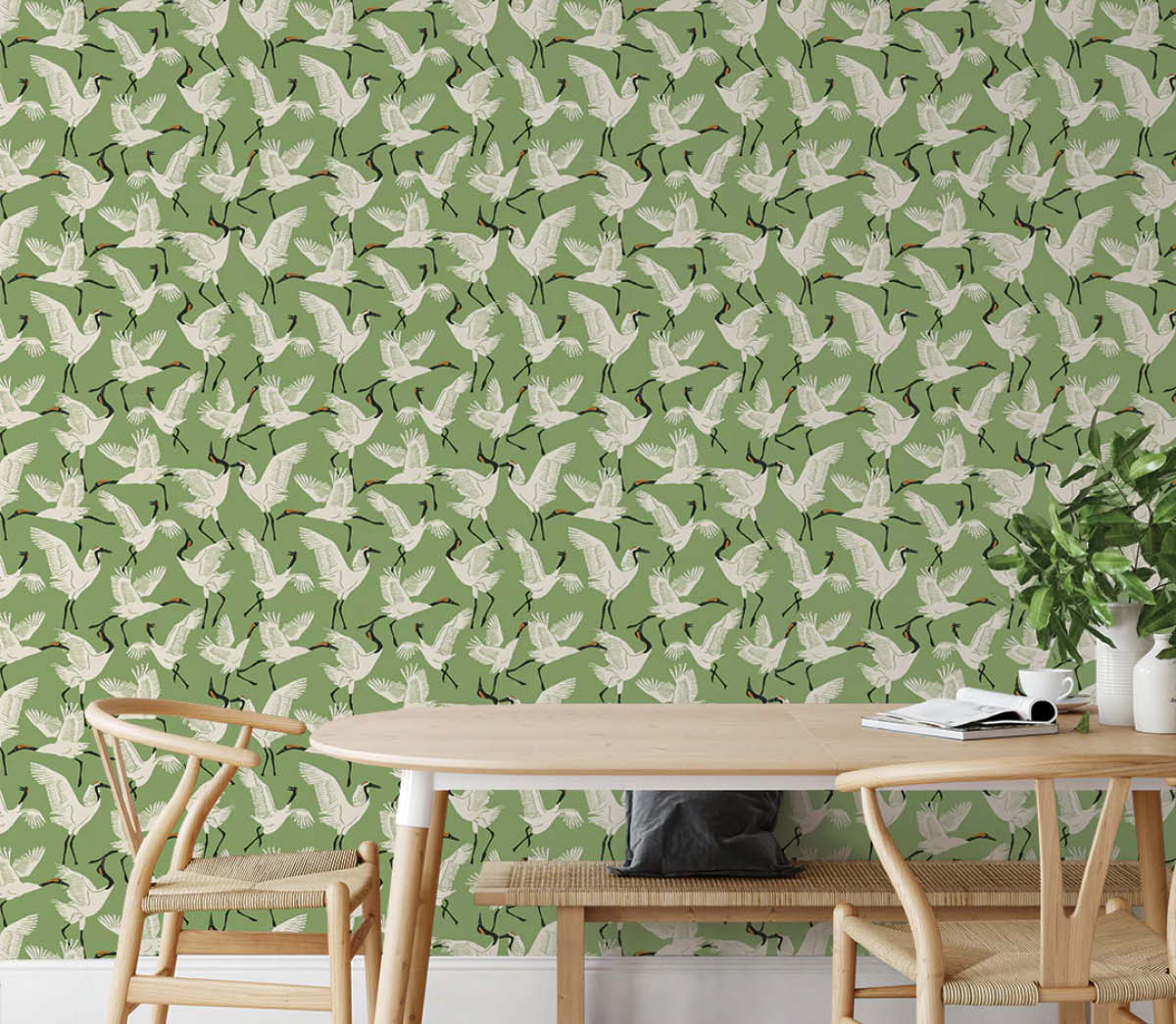 Image of Tempaper's family of Cranes wallpaper in green"