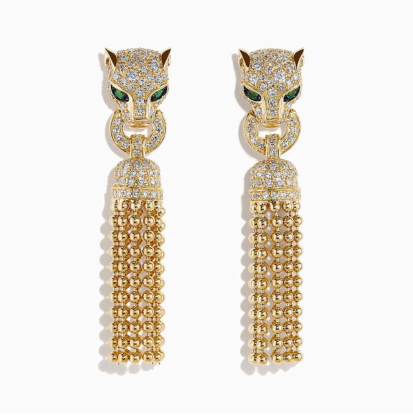 Web Exclusive 14K Yellow Gold Diamond and Emerald Tassel Panther Earrings