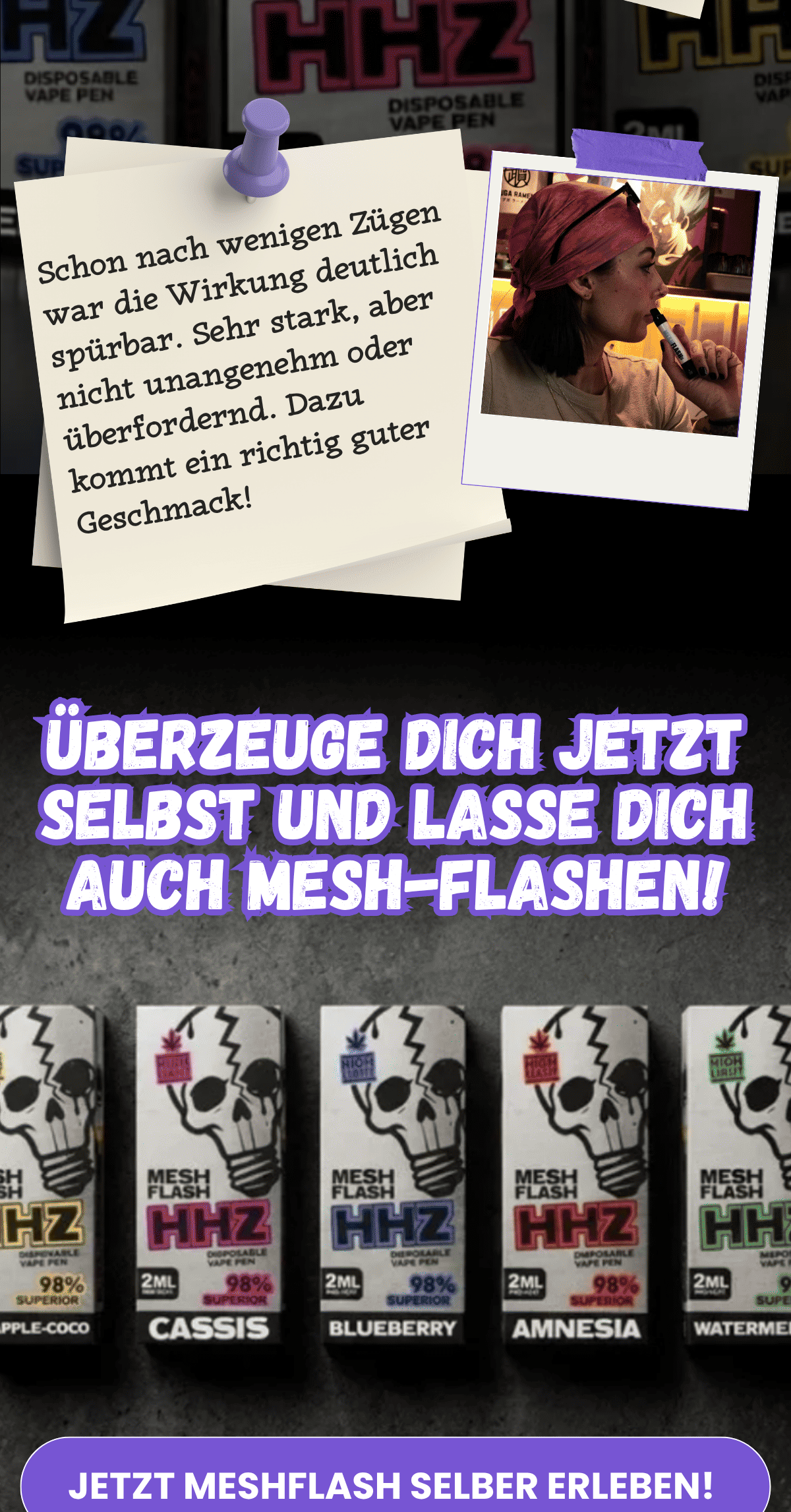 Weitere Erfahrungsberichte sowie verschiedene MeshFlash Vape-Sorten mit Kaufaufruf. 