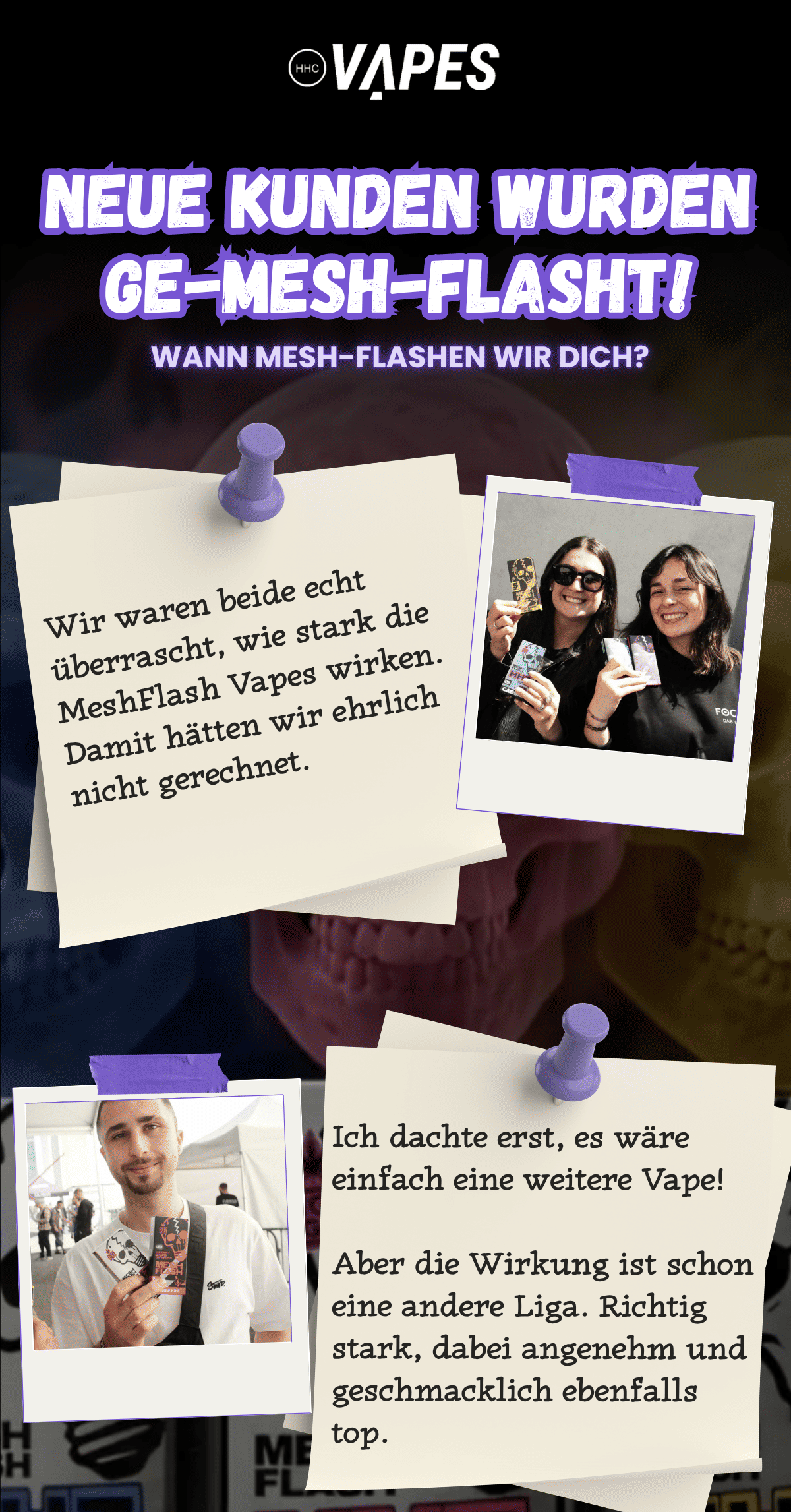 Kundenstimmen zur starken Wirkung und zum Geschmack der MeshFlash Vapes.