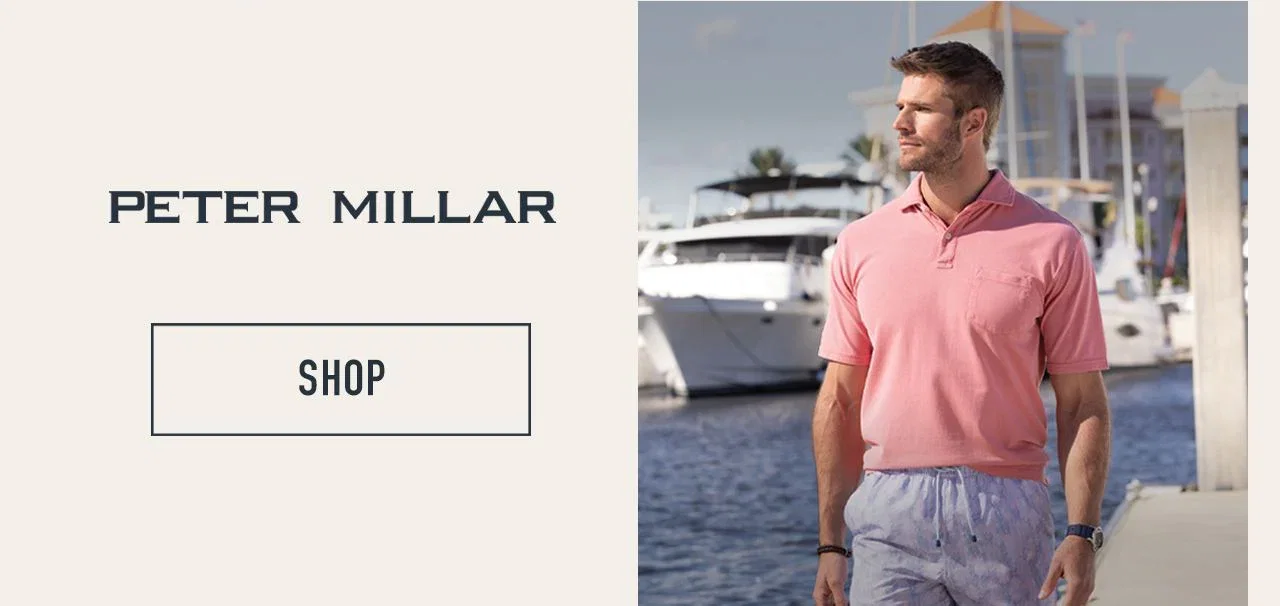 Peter Millar — logo with Shop button; man in pink polo at marina