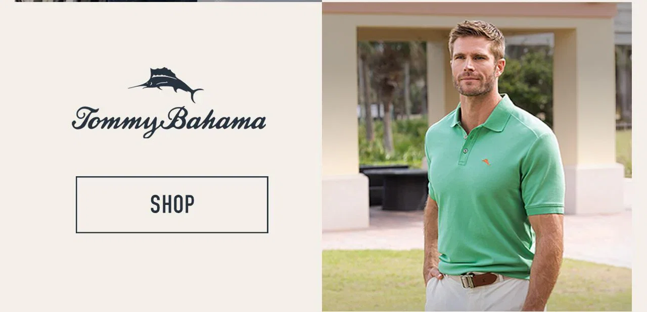 Tommy Bahama — logo with marlin; man in green polo at resort
