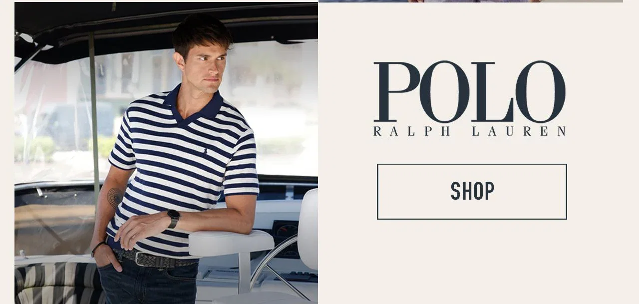 Polo Ralph Lauren — man in navy striped polo at boat helm; Polo Ralph Lauren logo