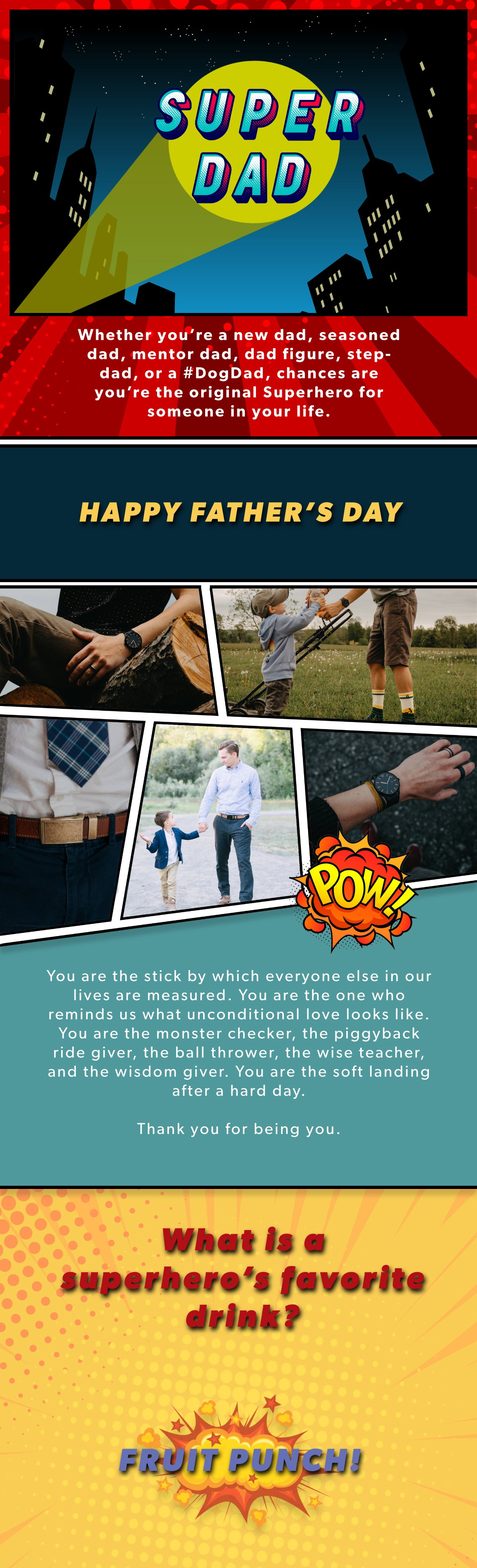 DAD: The Original Superhero. Whether you're a new dad, seasoned dad, mentor dad, dad figure, step-dad, or a #DogDad, chances are you're the original Superhero for someone in your life.  HAPPY FATHER'S DAY.  You are the stick by which everyone else in our lives are measured. You are the one who reminds us what unconditional love looks like. You are the monster checker, the piggyback ride giver, the ball thrower, the wise teacher, and the wisdom giver. You are the soft landing after a hard day. Thank you for being you.