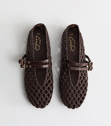Brown Woven Faux Leather Mary Jane Flats