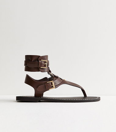 Brown Faux Leather Detachable Cuff Flat Sandals