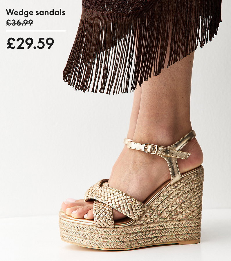 Wide Fit Gold Faux Leather Braided Wedge Sandals