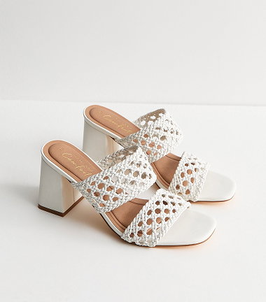 White Macrame Strap Block Heel Mules