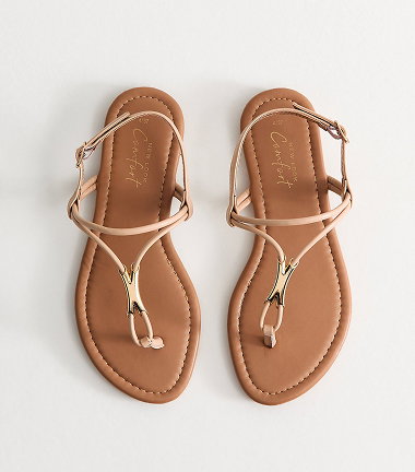 Oatmeal Faux Leather Hardware Detail Toe Post Sandals