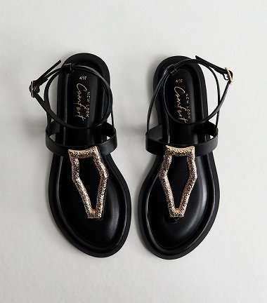 Black Faux Leather Metal Detail Sandals