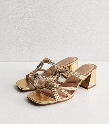 Gold Faux Leather Interwoven Block Heel Mules