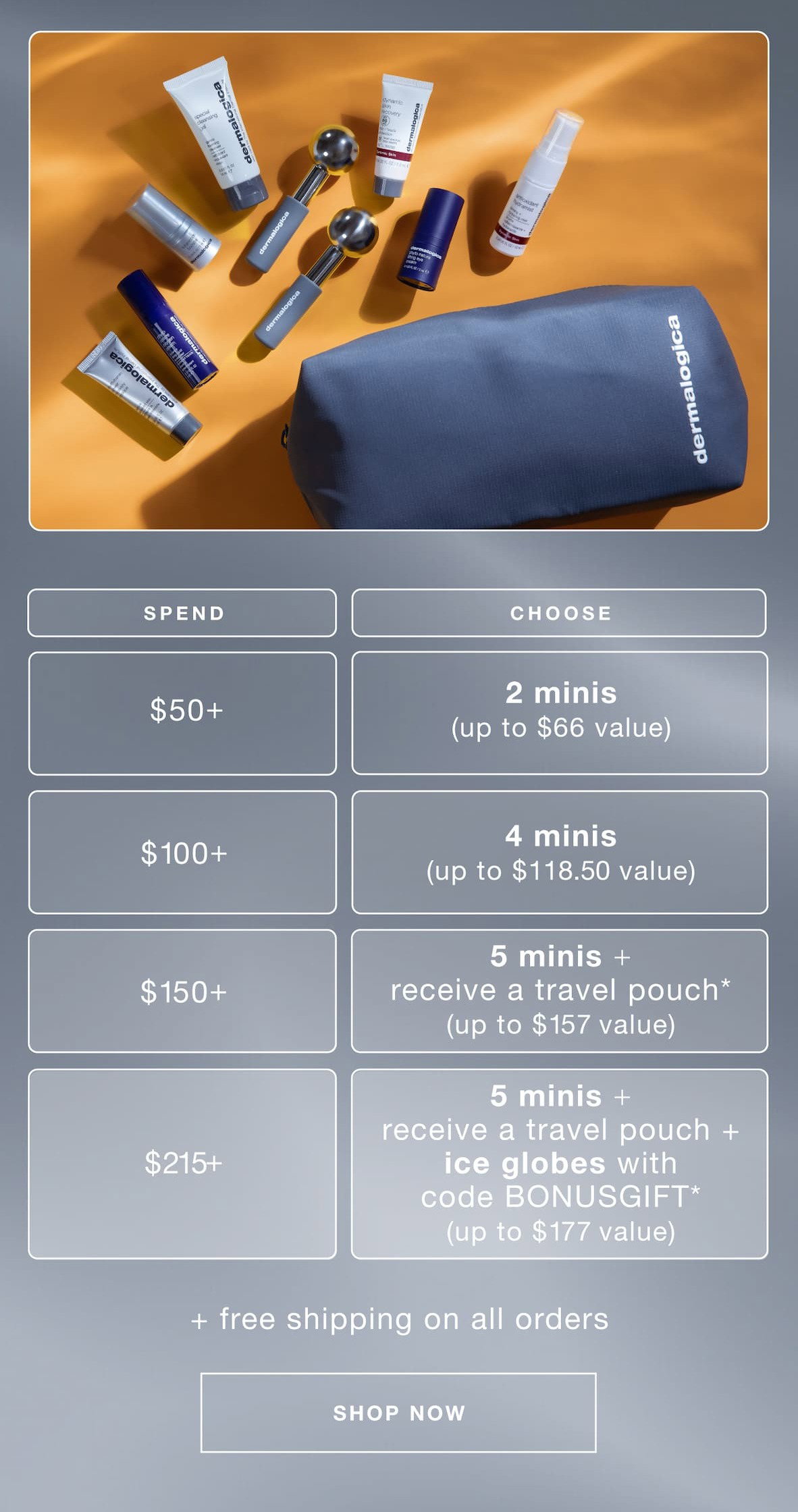 extended + new bonus gift | spend $50+ choose 2 minis (up to $66 value) | spend $100+ choose 4 minis (up to $118.50 value) | spend $150+ choose 5 minis + receive a travel pouch* (up to $157 value) | spend $215+ choose 5 minis + receive a travel pouch + ice globes with code BONUSGIFT* (up to $177 value) | + free shipping on all order | SHOP NOW