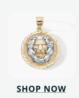 Circular gold-toned pendant with two-tone silver lion's head. Click here to shop now